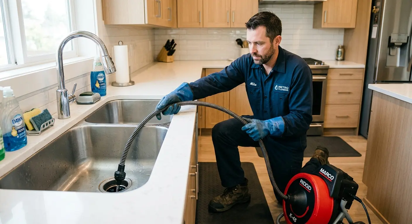 Drain cleaning technician using a motorized snake on a kitchen sink in Orland Park