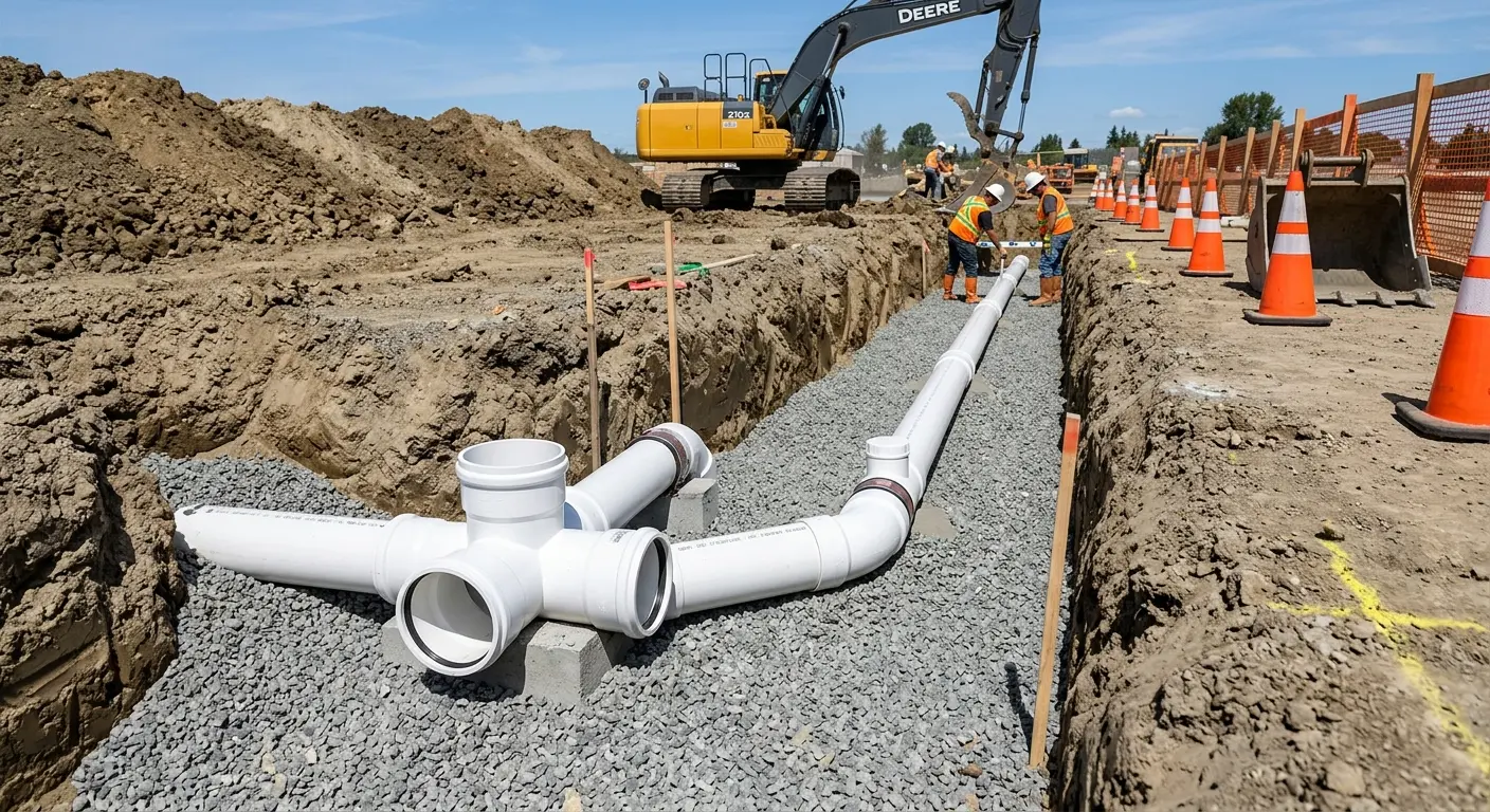 New PVC sewer pipe installation in open trench for Commercial Drain Cleaning in Orland Park