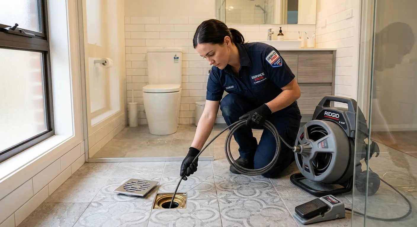 Technician clearing a bathroom floor drain for Clogged Drain Repair in Orland Park